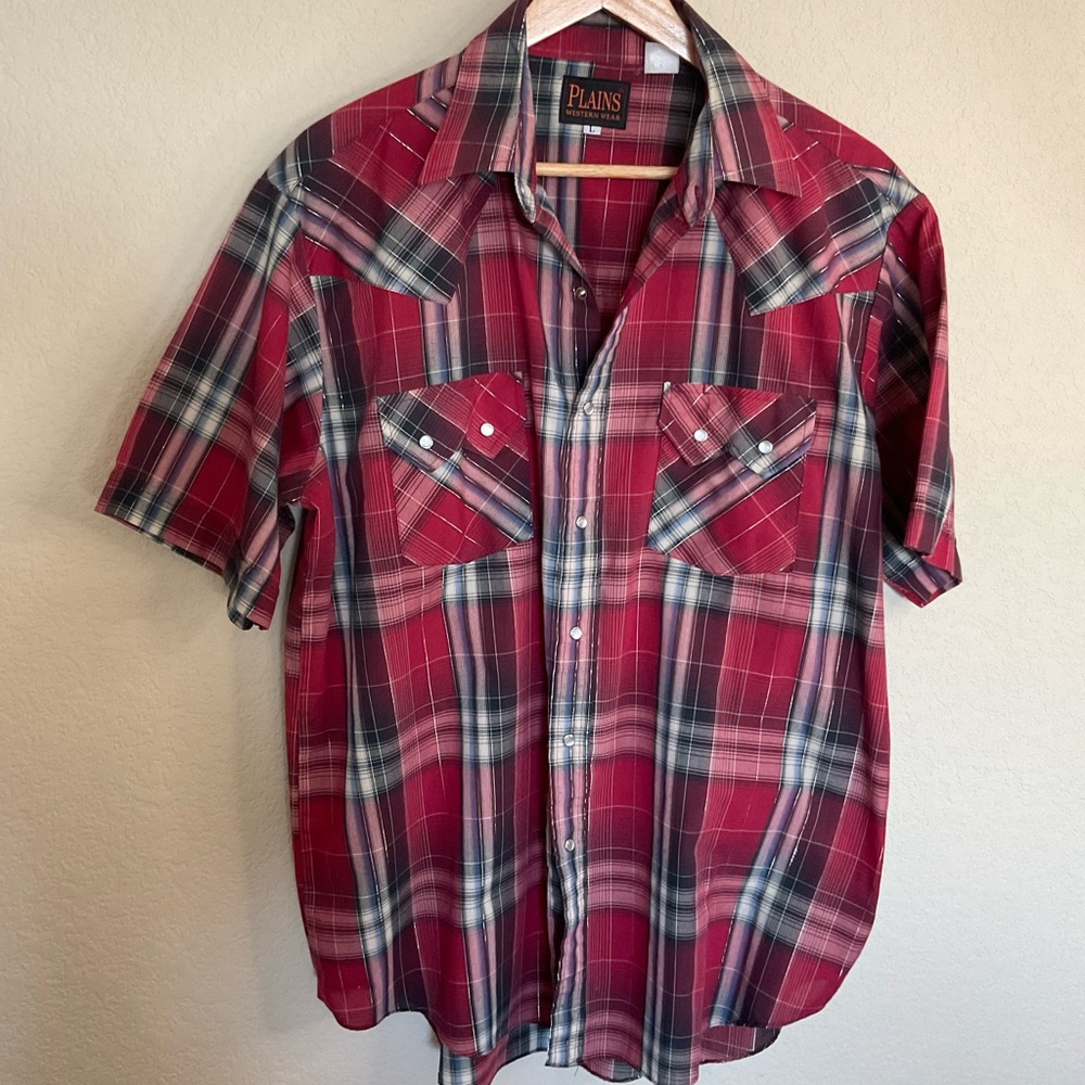 Vintage Plains Western Wear Pearl Snap Red Plaid Men's Shirt size large